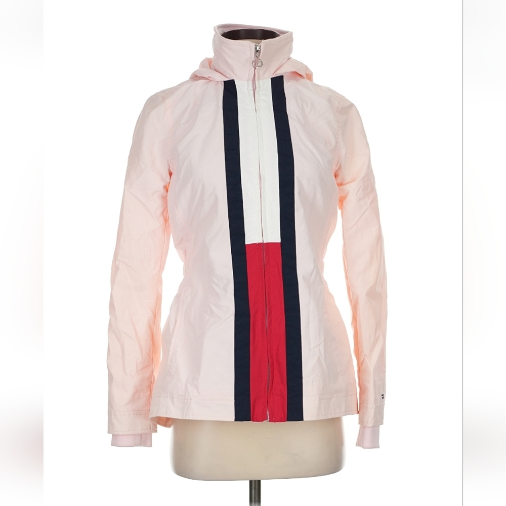 Tommy Hilfiger Pink Hooded Windbreaker Jacket Flag Stripes XS EUC
